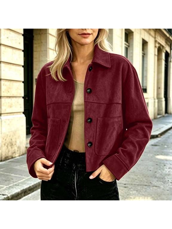 Women's Faux Suede Shacket Jackets Cropped Coats Button Down Collared Fall Outerwear Casual Office Winter Going Out Outfits with Pockets M
