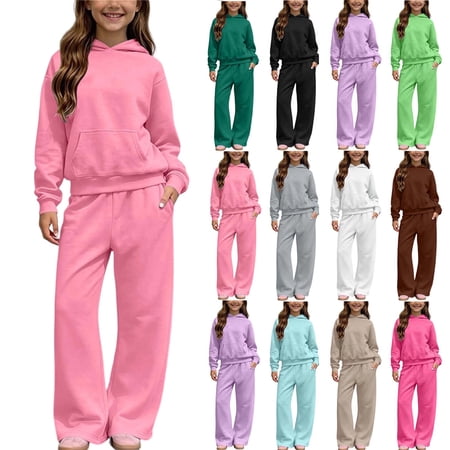 Auroural Girls Clothes Sets 14-16 Sweatsuit Set for Girls Children's Winter Solid Color Hooded Sweatshirt Wide-Leg Pants Sweatpants Casual Sports Fleece-Lined Warmth Two-Piece Set Kids