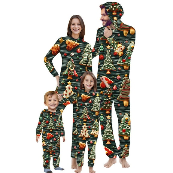 Odeerbi Christmas Onesie Pajamas for Family Holiday Sleep Jumpsuit Long Sleeve Family Christmas Pajamas Matching Sets Dad Fashion Printed Hooded Jumpsuit Sleepwear PJs Set Green