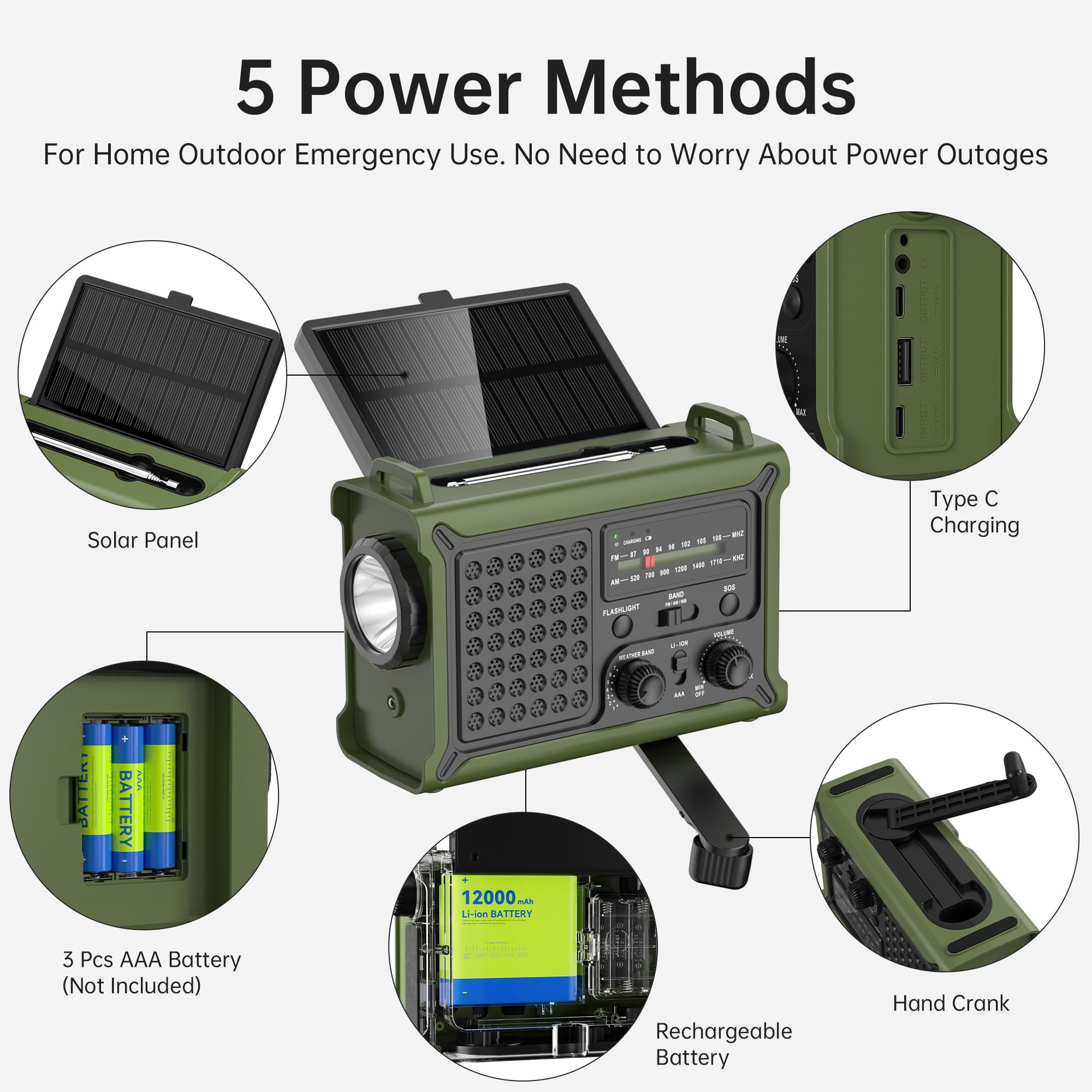 Solar Radio Emergency Hand Crank 12000mah With Clear Signal  Am Fm Noaa Weather Operated 2-mode Led Flashlight Cell Phone Dual Outputs Sos