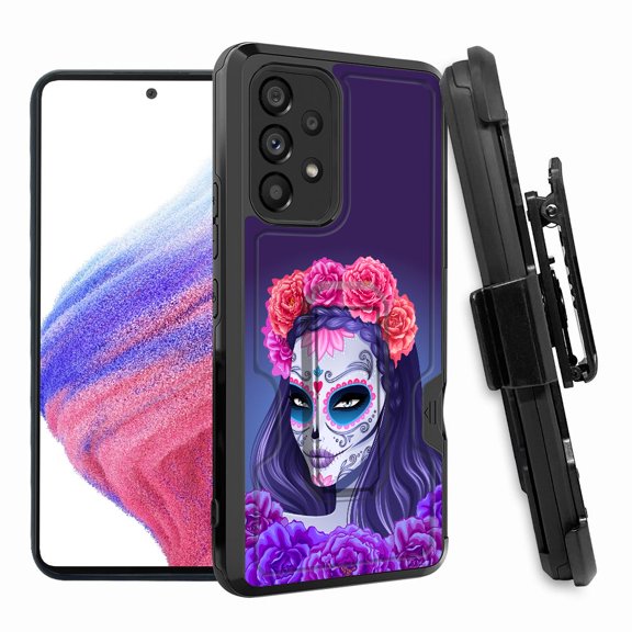 ANJ  Rugged Shockproof Hoster Case w/Card Slot, Kickstand   Tempered Glass Cover for Samsung Galaxy A33 5G - Death Lady