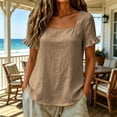 thumbnail image 3 of WRFWUL Womens Cotton Linen Tops Square Neck Short Sleeve Shirts Ruffle Trim Loose Fit Solid Color Blouses Summer Casual Vacation Clothing, 3 of 6