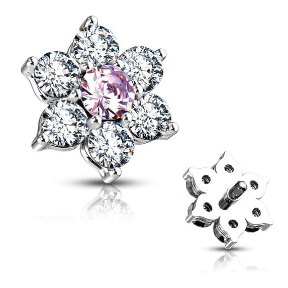 MoBody 14G Clear CZ Flower Dermal Anchor Top Surgical Steel Internally Threaded Dermal Anchor Body Piercing Top (Pink)