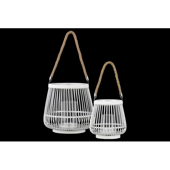 Bamboo Round Lantern with Rope Hangers Set of Two White - Benzara