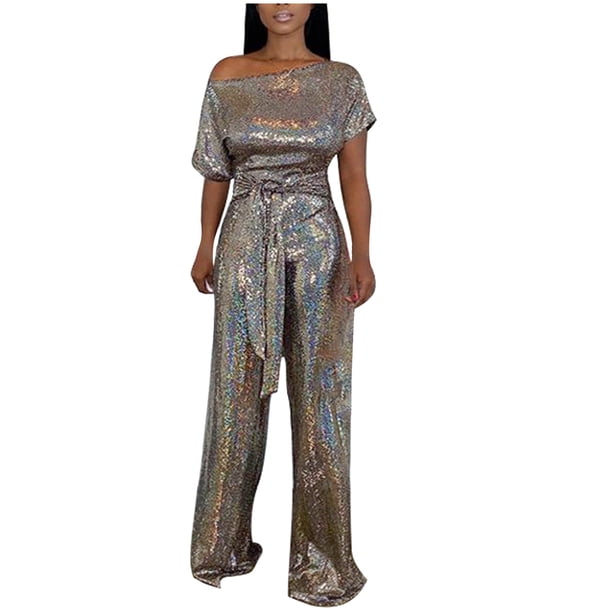 Gibobby pantalones siameses Conjuntos de pantalón y vestido elegante para mujer, vestido de noche para banquete, pantalón, mono elegante con hombros descubiertos, mono colorid(Dorado, S)