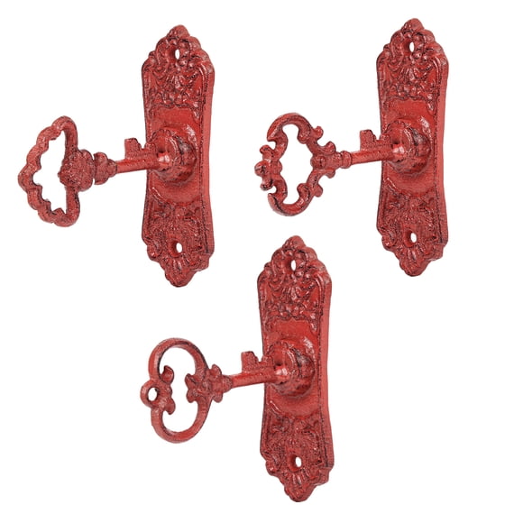 Sungmor 3 pzs vintage hierro fundido ganchos abrigo, resistente alta dureza, esqueleto forma de llave de pared, colgador decorativo ornamentado para abrigos, sombreros y bolsas - acabado rojo rústico