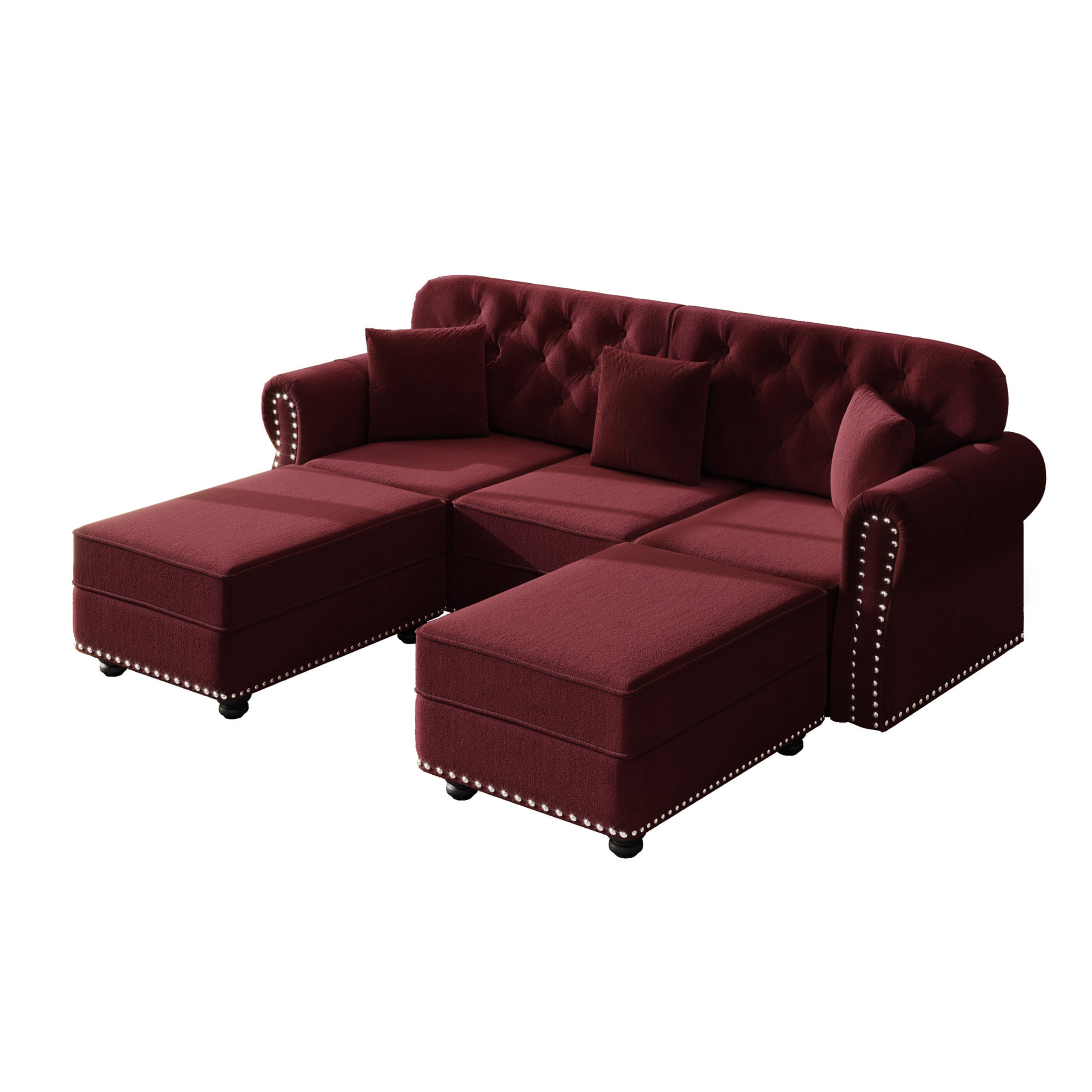 Noble House Kieran 3-Seater Velvet Chesterfield Sofa, Modern Tufted Armchair with Nailhead Trim and 2 Ottomans, Burgundy