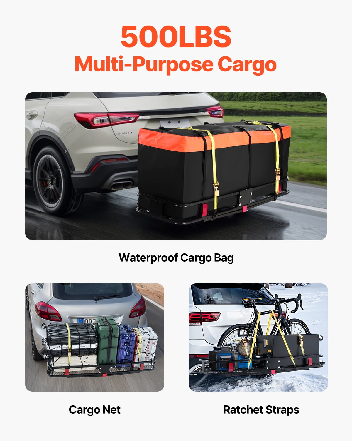 VEVOR Hitch Cargo Carrier,60" x 20" x 6", 500 lbs Capacity Hitch Cargo Carrier with Cargo Net & Waterproof Cargo Bag, Folding Hitch Mount Cargo Carrier with Hitch Lock for 2" Receiver, Fit for SUVs