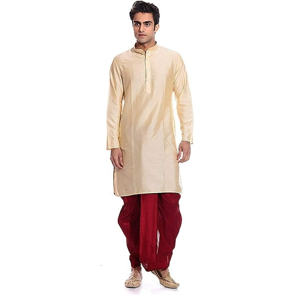 Royal Kurta Mens Silk Blend Dhoti Kurta (38, Gold-Maroon)