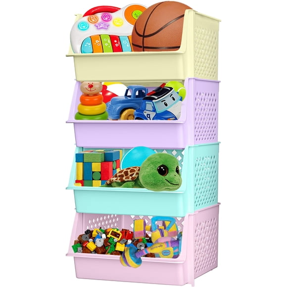 Skywin TidyFriend Large Stackable Storage Bins for Closet Organizers and Storage 4 Pack, Closet Organization for Kids Room and Home Organization (Mul