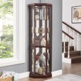 thumbnail image 2 of 70" H Lighted Curio Cabinet, Corner Display Case with Adjustable Glass Shelves, Wooden Display Cabinet with Mirrored Back Pane for Living Room, Cherry, 2 of 9