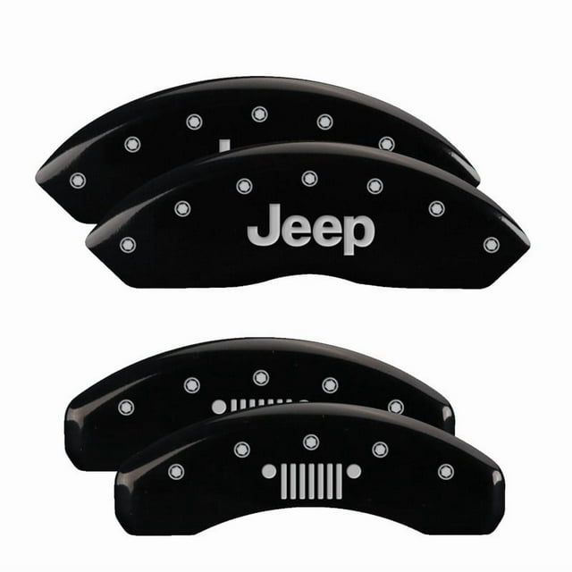 Fits 2018-2023 Jeep Wrangler JL MGP Caliper Cover Caliper Cover 42019SJPLBK Set of 4; Jeep Logo Front Set/Jeep Grill Logo Rear Set; Powder Coated; Black; Aluminum