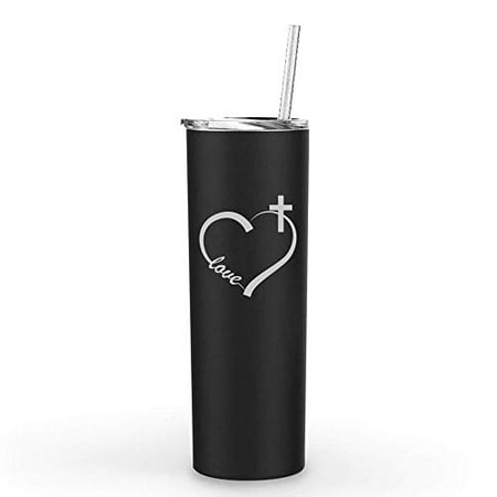 

20 oz Skinny Tall Tumbler Stainless Steel Vacuum Insulated Travel Mug With Straw Love Heart Cross Christian (Black)