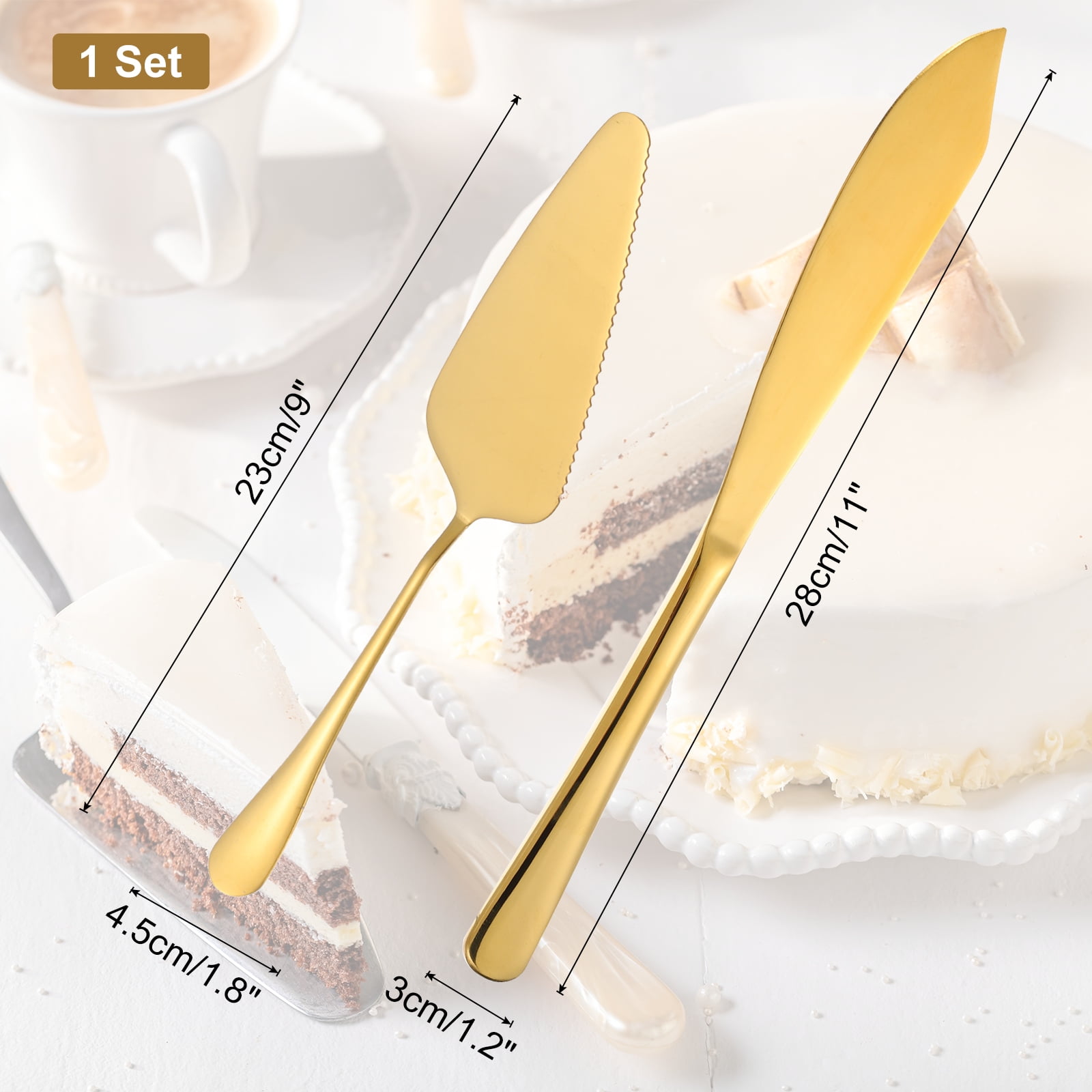 Unique Bargains Stainless Steel Cake Knife Server Set Gold Cake Cutting Set