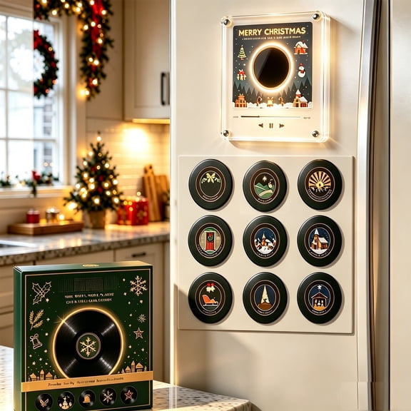 Magnetic Fridge Vinyl Music Box Christmas - Magnetic Fridge Music Player with 9 Vinyl Style Discs, Mini Christmas Vinyl Record Player for Christmas Decor and Gifting