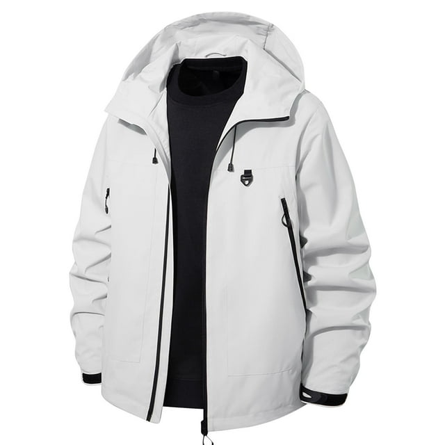 YOIAVAIOY Mens Waterproof Rain Jacket Waterproof Windproof Shell Jackets Drawstring Athletic Rain Coats with Zip Pockets White L