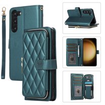 YEYKX Wallet Case for Samsung Galaxy S23  5G 6.6inch with Wrist/Shoulder Strap, 9 Card Slots Zipper Purse Luxury Leather Stand Checkered Cell Phone Cover,Green,For Galaxy S23  5G