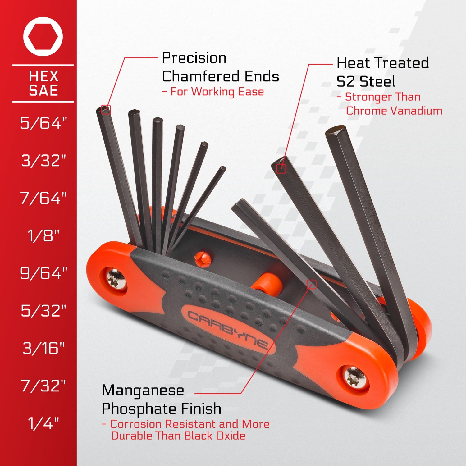 Carbyne 25-Piece Folding Hex (Allen) Key and Star (Torx) Wrench Set, SAE/Metric/Torx, S2 Steel, Manganese Phosphate, Lifetime Warranty