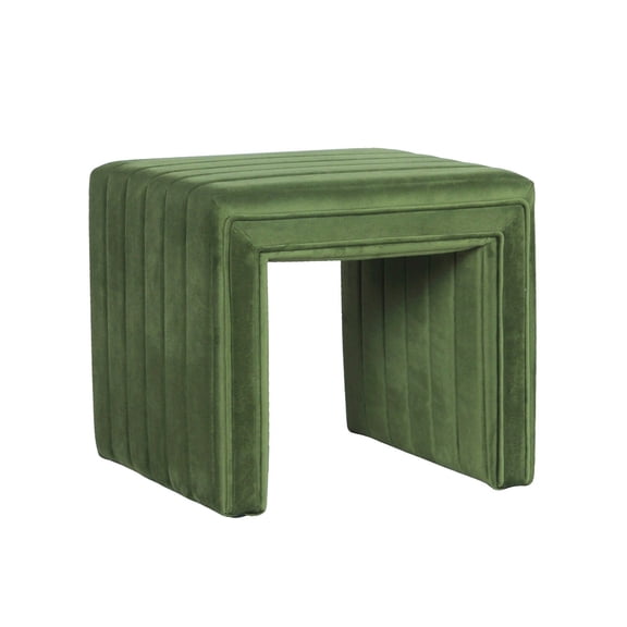 Benjara Ada Footstool Ottoman with Channel Tufted Green Velvet- 19 Inch