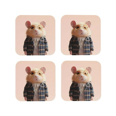 

Leather Coasters Set of 4 - Cute Mouse In Glasses Lightweight Non-Slip Drink Coasters for Desk Anti-Scalding Desk Cup Coasters for Office Table Decor Square