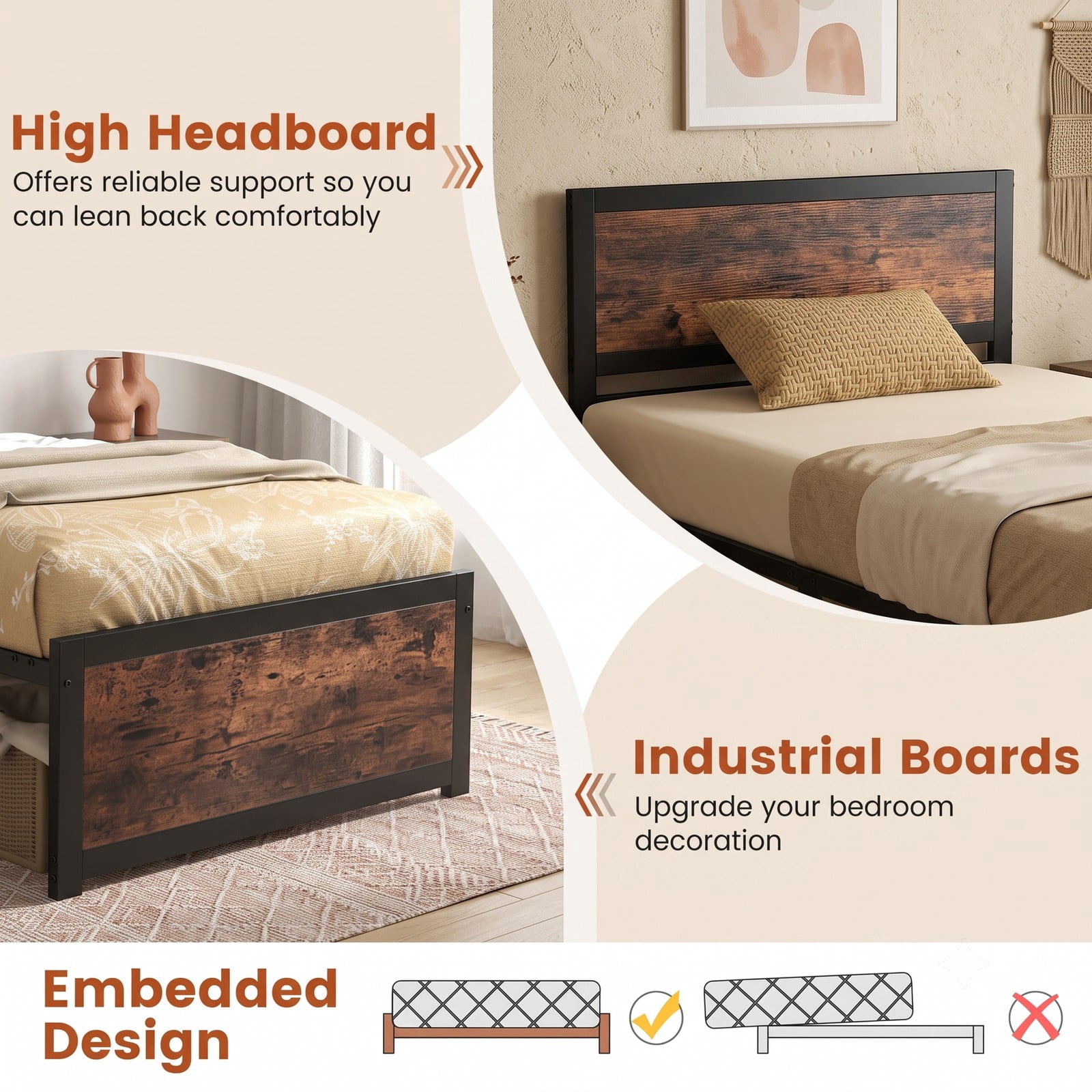 Furnibear Twin Bed Frame with High Wood Headboard, Heavy Duty Metal Platform Bed Frame with Mute Bars for Bedroom, Rustic Brown and Black