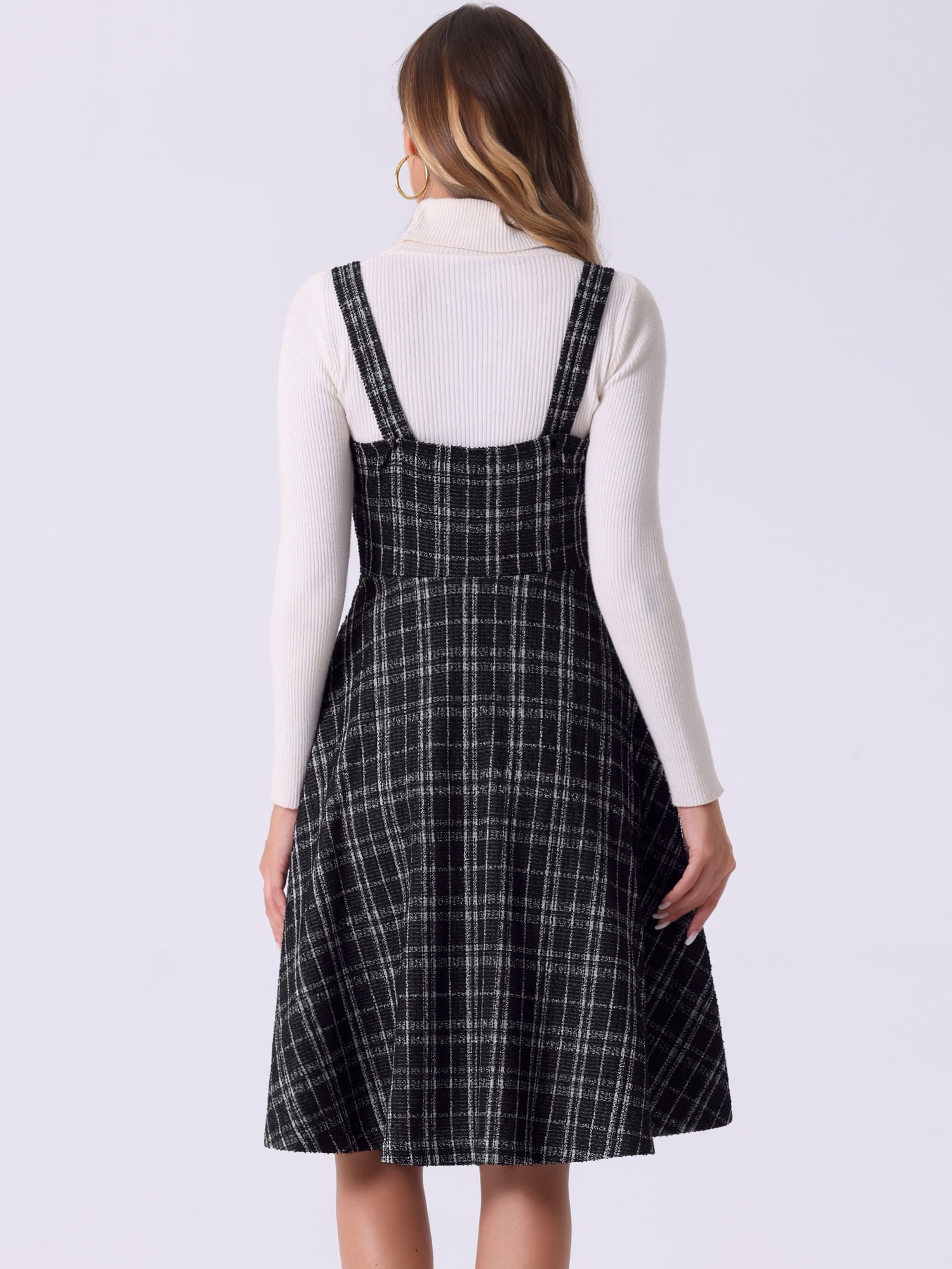 DARING DIVA Women's Sleeveless Square Neck Plaid A Line Pinafore Dresses XS Black