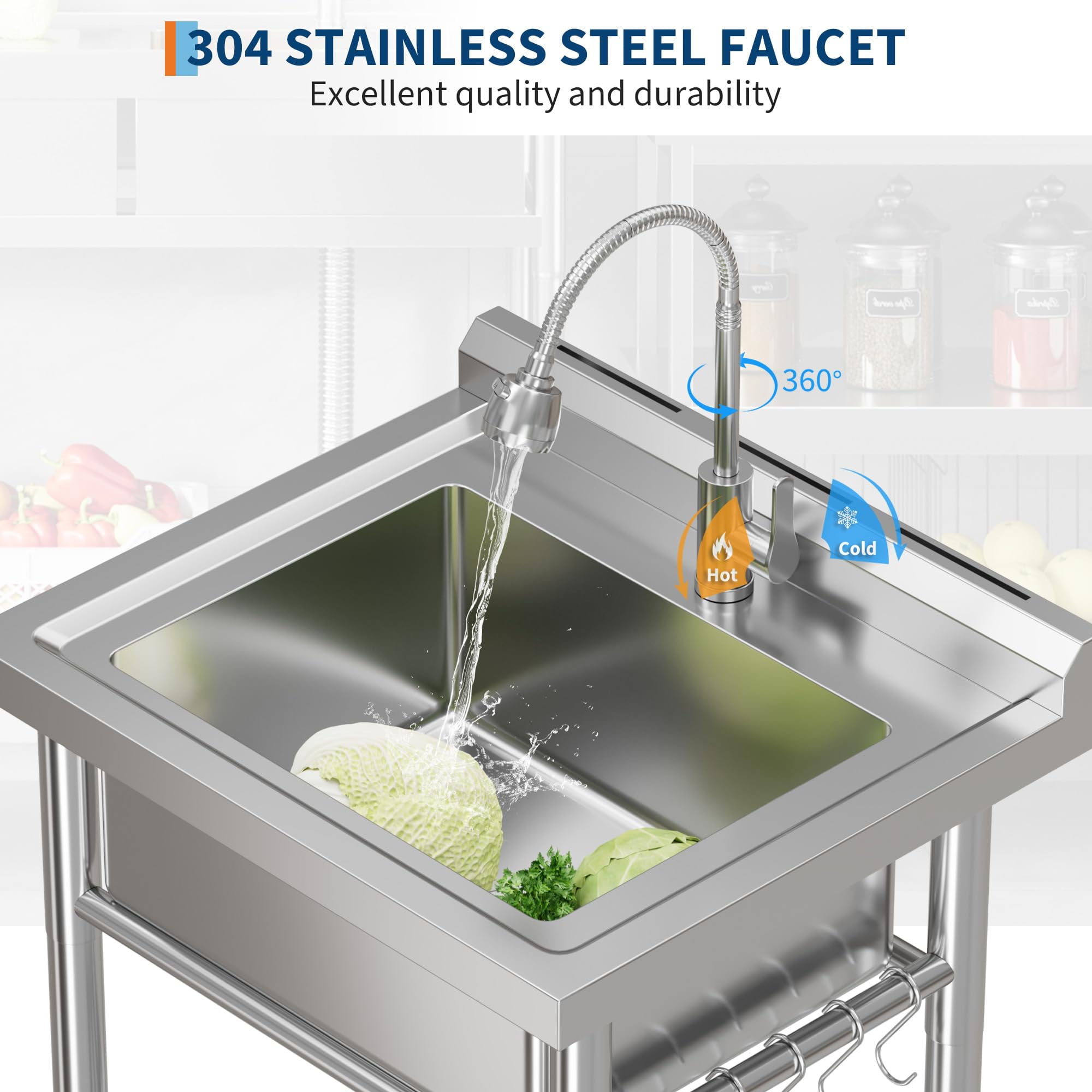 Accreate Freestanding Stainless Steel Utility basin with Faucet – 304 Single Bowl, Adjustable Legs, Storage Shelf, S-Hooks, Hot & Cold Water Pipes – Commercial Prep Kitchen/Laundry/Garage basin