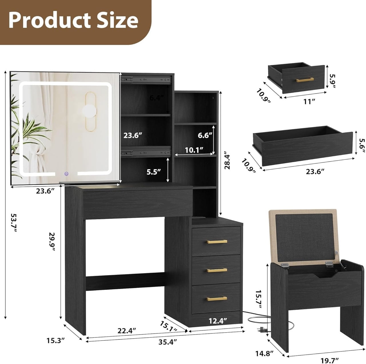 TROPOW Vanity Desk with Mirror and Lights, Makeup Vanity with Drawer & Storage Shelves, Cabinet, 3 Lighting Modes Adjustable Brightness, Power Outlet,Black