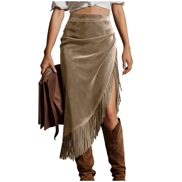 Falda de Franja para Mujeres de Cintura Alta Bodycon Midi Asimétrica Split Western Style