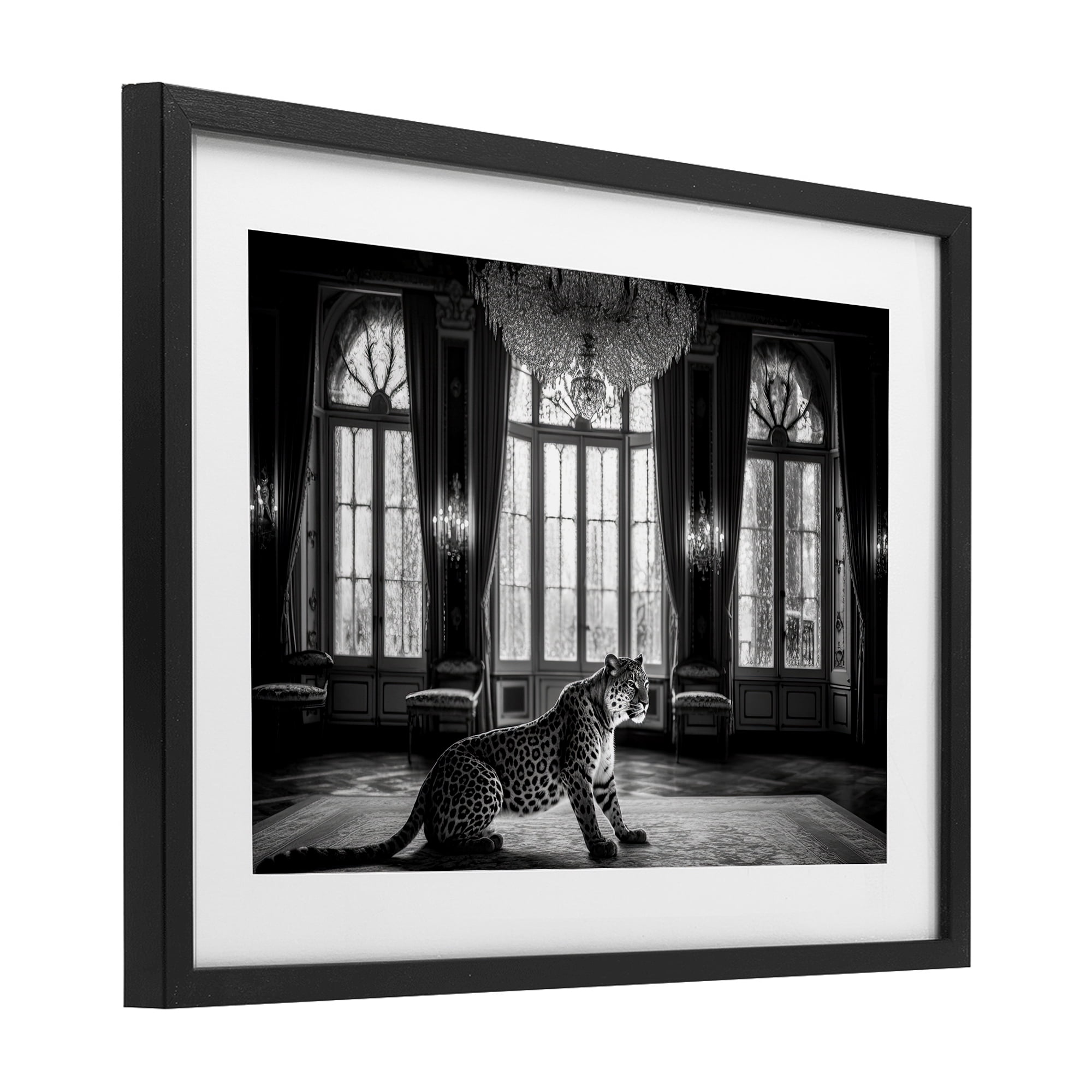 Snow Leopard in Opulent Mansion Black Framed Print Under Glass, design by Decent Exposures