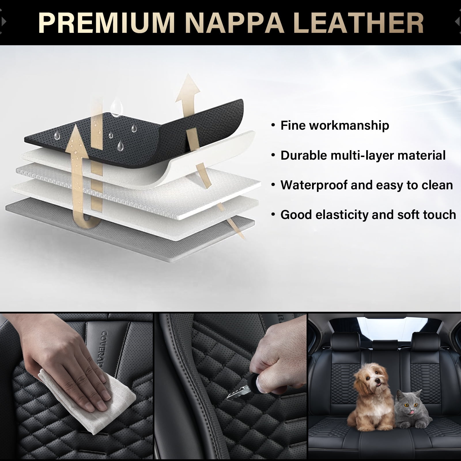 Coverado Black Car Seat Covers Full Set, Premium Leather Front and Rear Split Bench Cover, Automotive Seat Protectors Universal Fit for Most Cars, SUVs and Trucks