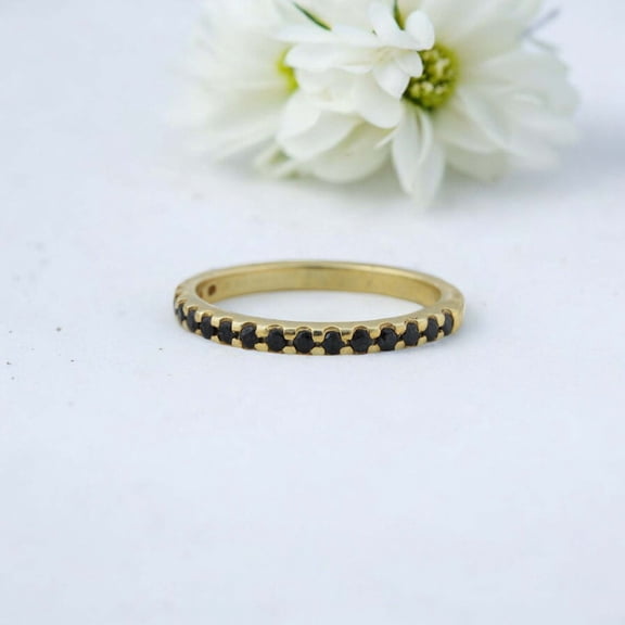 Natural Black Onyx Band Yellow Gold Plated Wedding Band Half Eternity Minimalist Jewelry Chritsmas Day Gift for Girlfriend