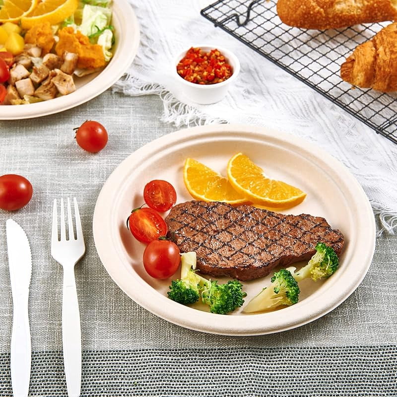 150 Pack Paper Plates 9 inch 100% Compostable, Heavy-Duty Disposable Paper Plates Bagasse Natural Biodegradable Eco-Friendly Sugarcane