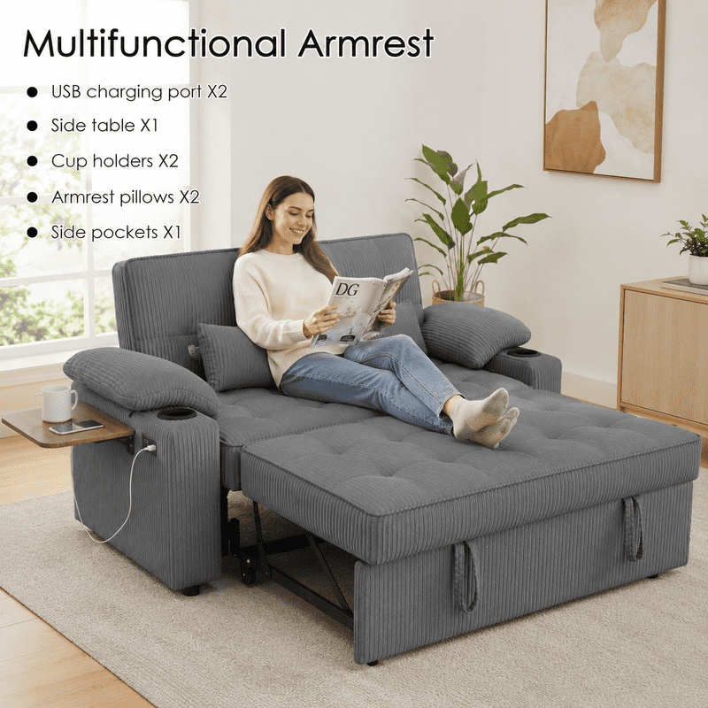 58" Sleeper Sofa Bed, Full Size Pull Out Couch, Convertible Loveseat Sofa with 5-Level Adjustable Backrest, USB Charging Ports, Cup Holders & Foldable Side Table, for Living Room, Apartment & Office