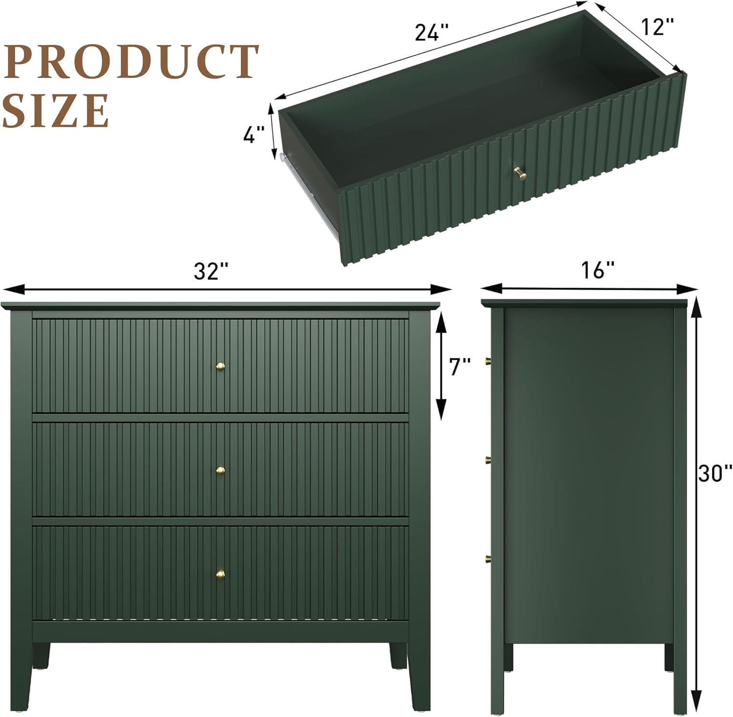 Mayincolor Fluted 3-Drawer Dresser Set of 2, Green Wood Chest for Bedroom & Living Room