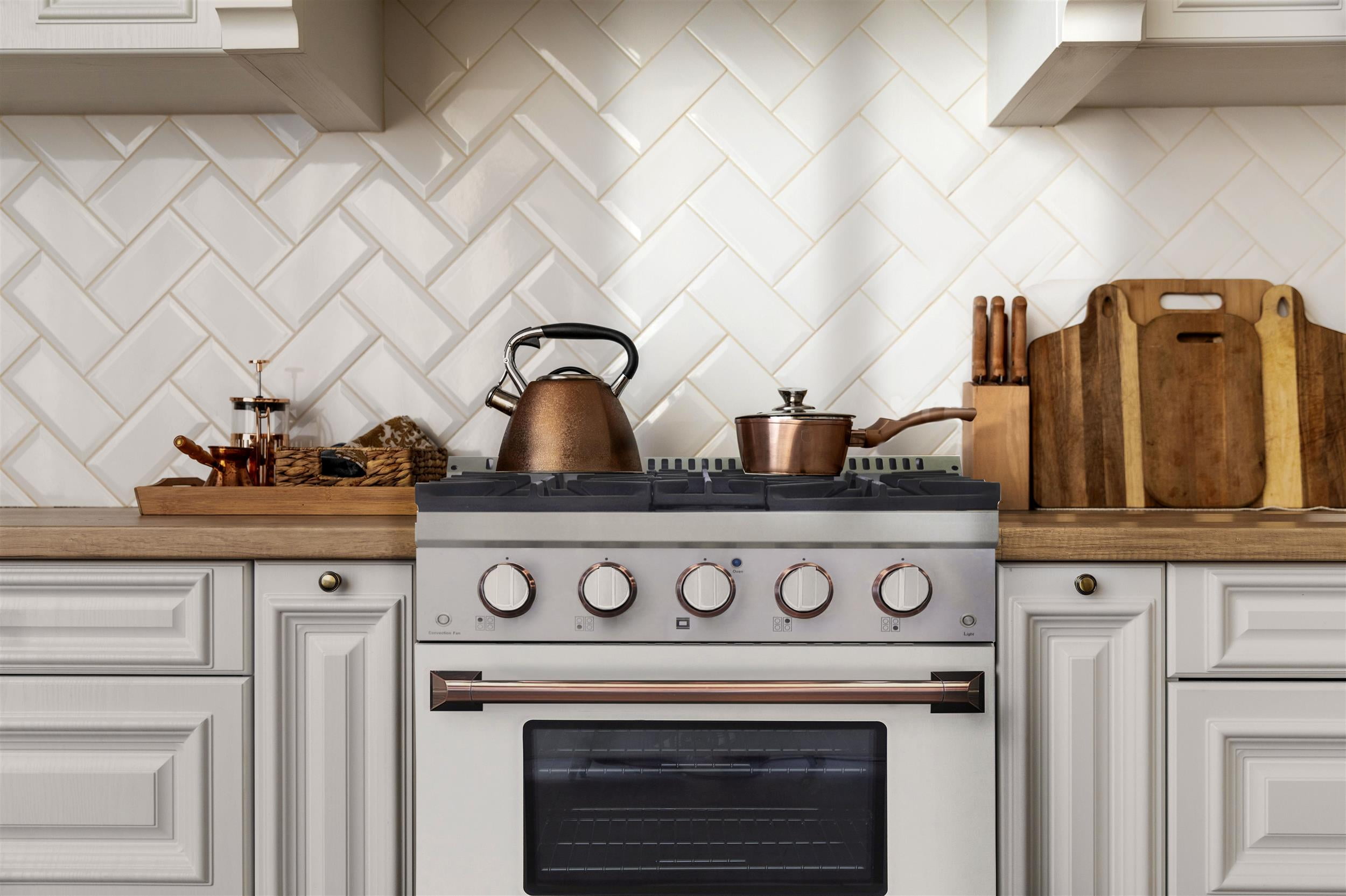 30 in. 4.2 cu. ft. Dual Fuel Range Propane Gas in Rose Gold Handle & Knob Rings.