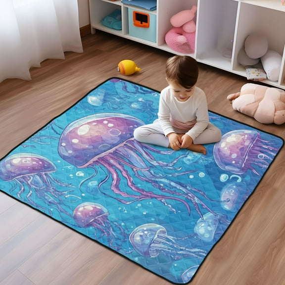 WOBOGO Cartoon Jellyfish Baby Playmats Extra Large Waterproof Rollable Activity Pads for Toddlers 50×50inch