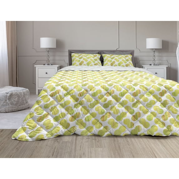 Green and White Comforter & Sham Bedding Set, Big Spots in Pairs Watercolor Style Grunge Fresh Summer Pattern, 3 pcs Duvet Set Microfiber Filling Quilt, 5 Sizes, Pale Green and White, by Ambesonne