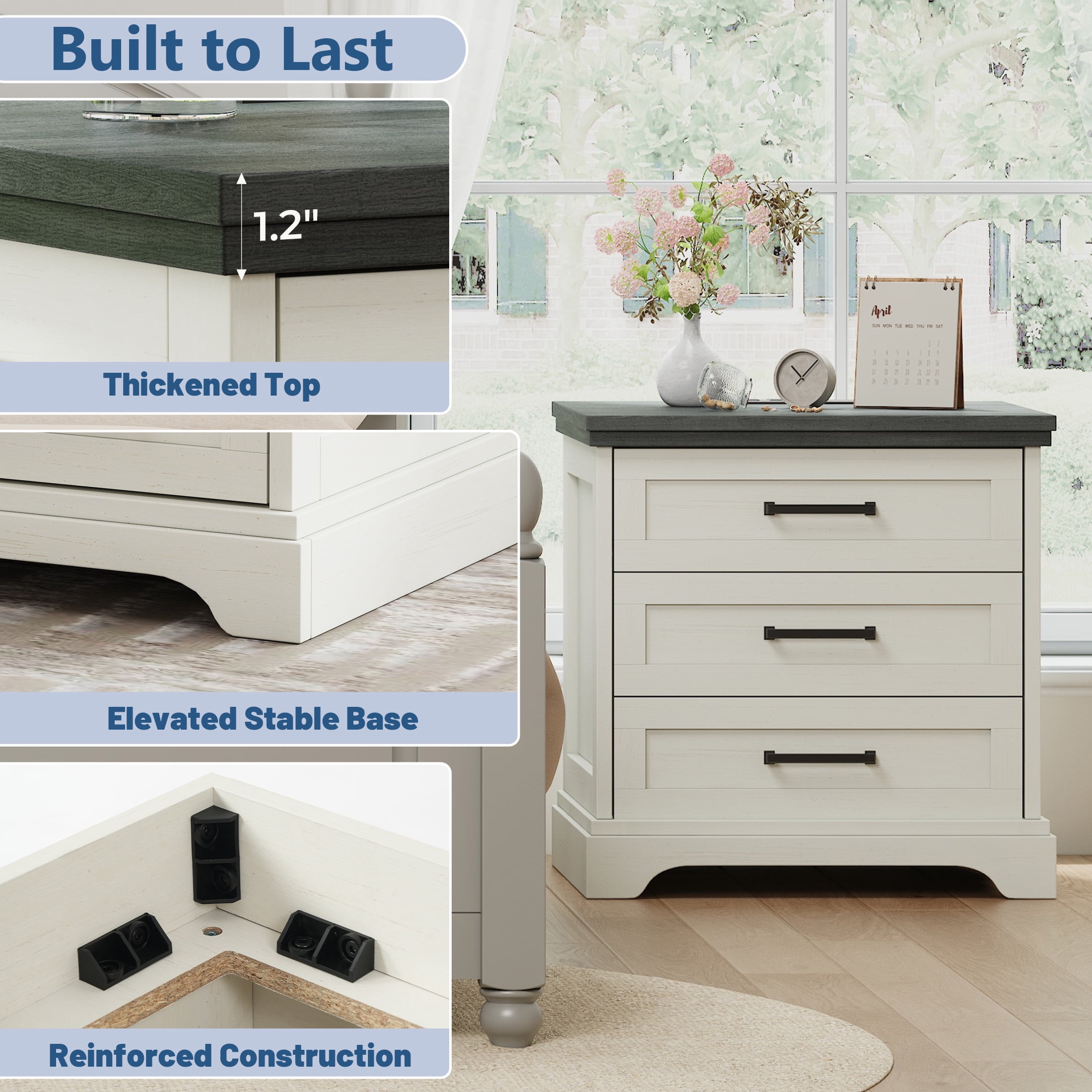 EDX 3 Drawers 24" Wood Nightstand with Drawers and Charging Station, Bedside Table for Bedroom or Living Room, White