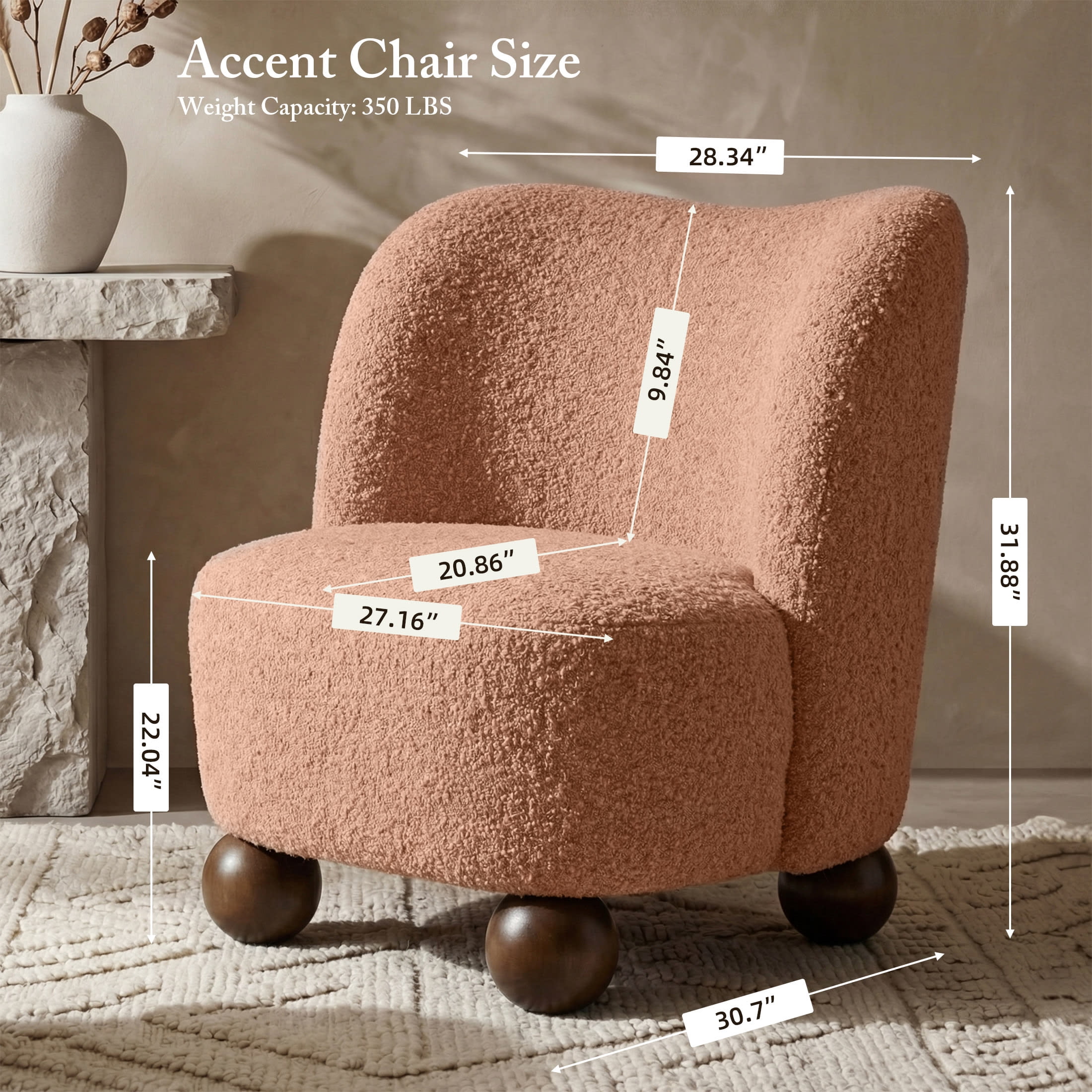 Aenkyo Contemporary Boucle Armless Accent Chair with Sculptural Wood Ball Feet, Pink