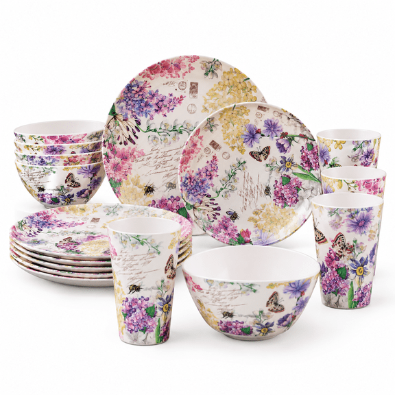 Flower 8 Dinnerware Set for 4-16, Lightweight Unbreakable Indoor Outdoor Camping Dishes