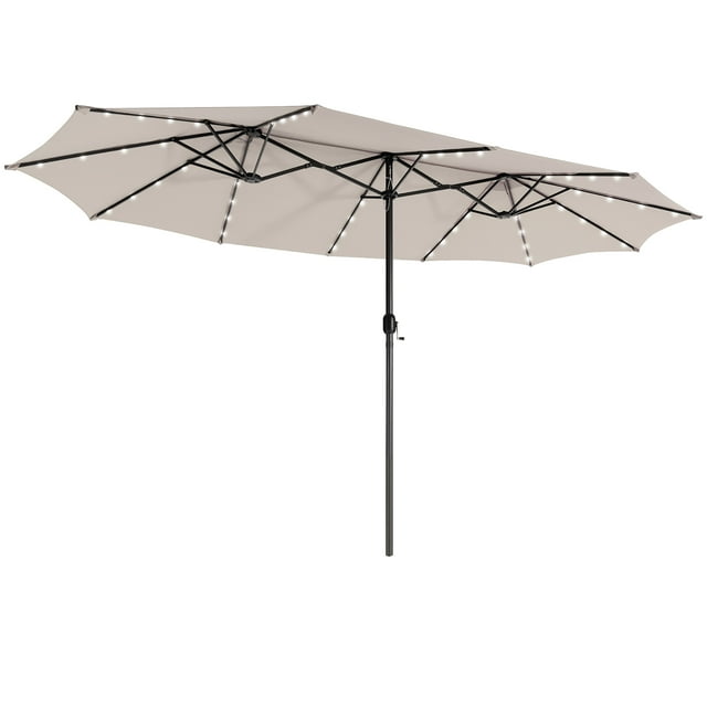 Gymax 15Ft Solar LED Patio Outdoor Double-Sided Umbrella w/ 48 Lights Crank Beige