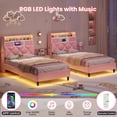 thumbnail image 5 of Afuhokles Twin LED Bed Frame with Storage Headboard and Charging Station, Velvet Upholstered Platform Bed Frame, Pink, 5 of 9