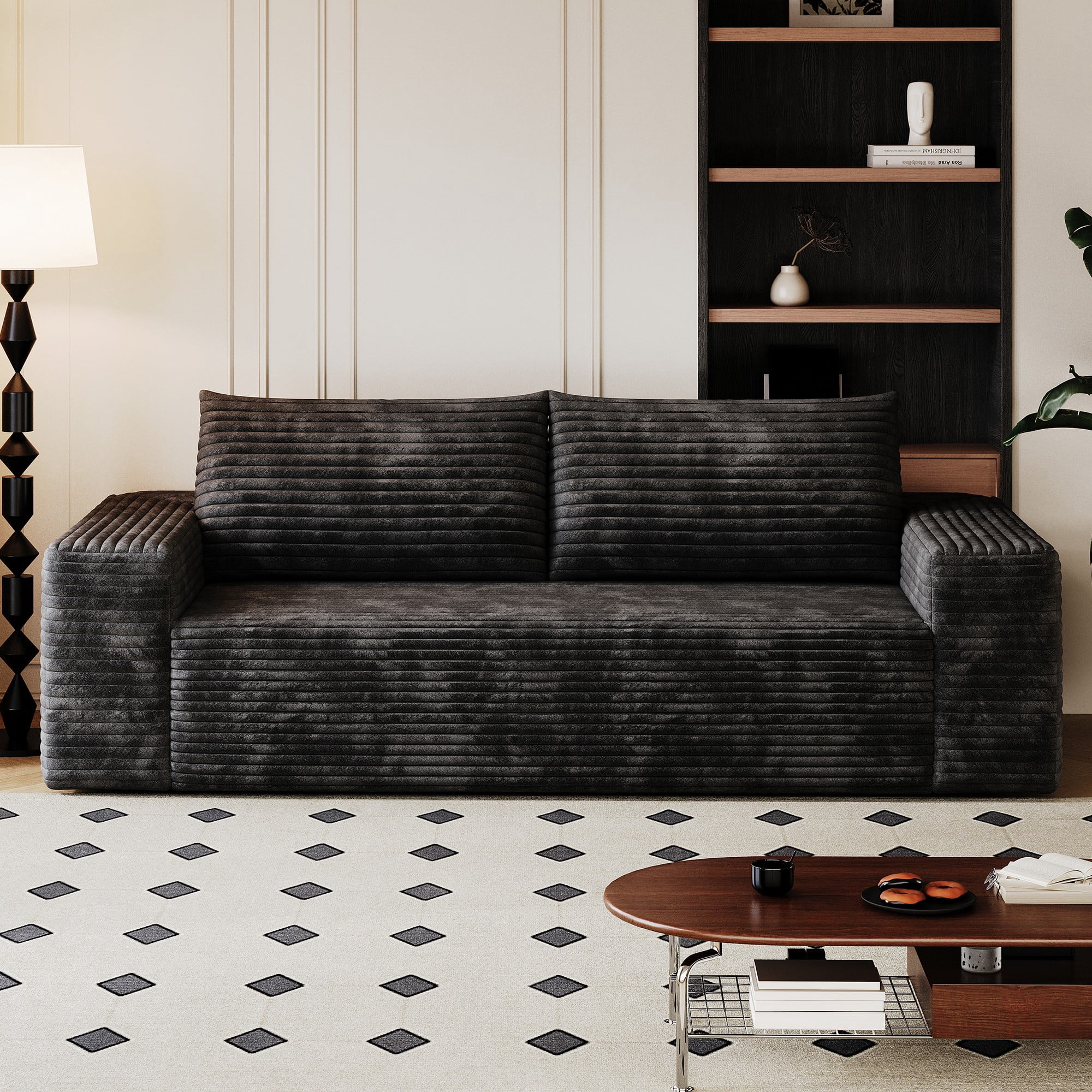 Aukfa 3-Seater Corduroy Sofa, Deep Seat Cloud Couch, No Assembly Frameless Loveseat for Living Room, Bedroom, Apartment, Black