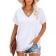 thumbnail image 3 of Qarigey Camiseta de mujer con cuello en V, manga corta de color sólido, blusa dividida de color sólido Prendas para la parte del cuerpo Blanco SG Qarigey AP003161-19, 3 of 6