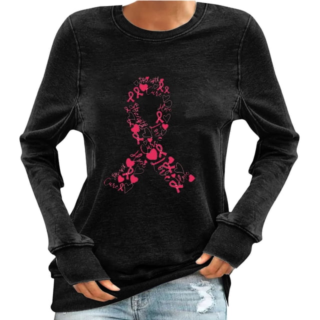 Staron Blouses à Manches Longues pour Femmes Blouses de Sensibilisation au Cancer du Sein Mode d'Automne Chandail à Col Rond Tunique à Ruban Rose Hauts Légers Cadeaux de Noël pour Petite Amie