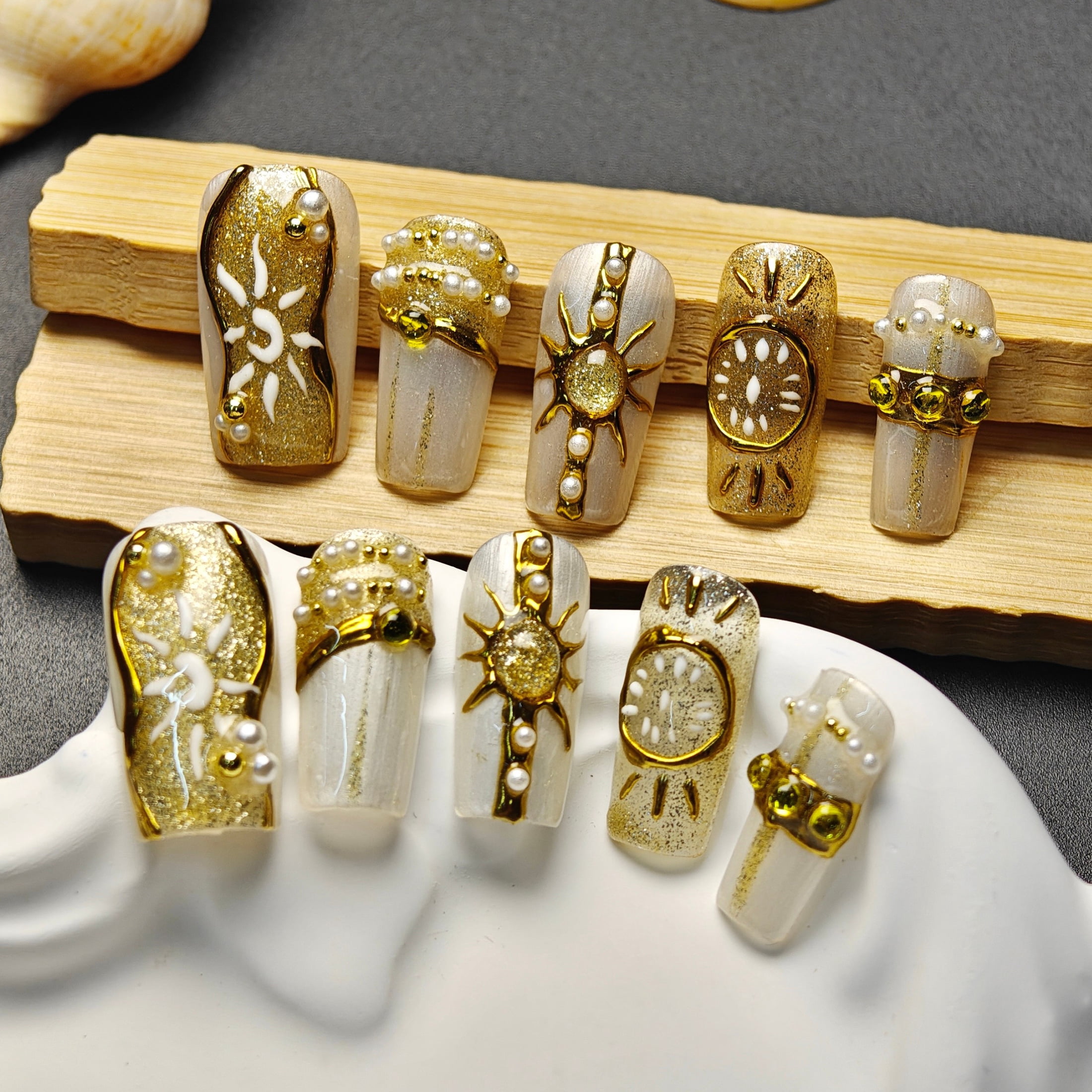 10pcs Square Medium Handmade Y2K Nails – White & Gold, Hand Drawn Sun & Moon Patterns, 3D Pearls & Gems, Summer Independence Day Press On Nails for Women
