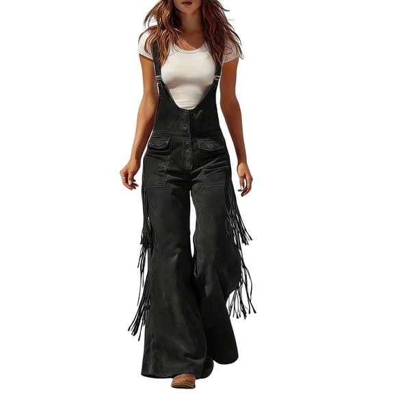 Aoiroe Women's Solid Bodycon V Neck Fringe Bell Bottom Long Pants Jumpsuit Romper Black L