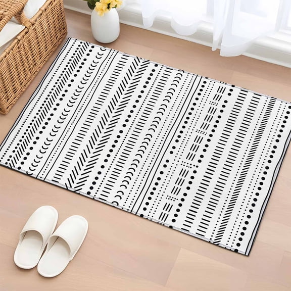 White Boho Bathroom Rug Washable 2x3 Entryway Rug Non Slip Country Abstract Black Geometric Striped Front Door Mat Low Pile Indoor Doormat Throw Floor Carpet for Kitchen Bedroom Entrance