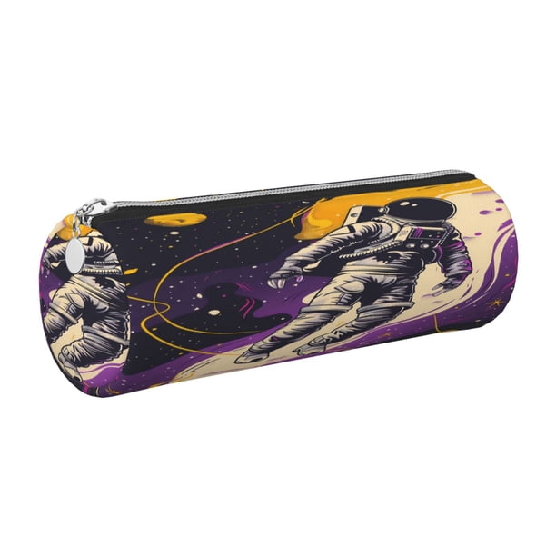 Easygdp Astronaut Floating purple Space para Estuche de Lápices Cilíndrico de Cuero con Cremallera, Organizador de Lápices de Cuero para Escuela, Oficina y Viajes